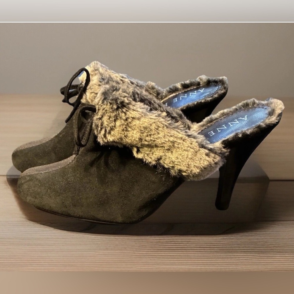 Anne Klein Italian Suede Black Mules Fur Lined Hadden Ties Front Size 8.5